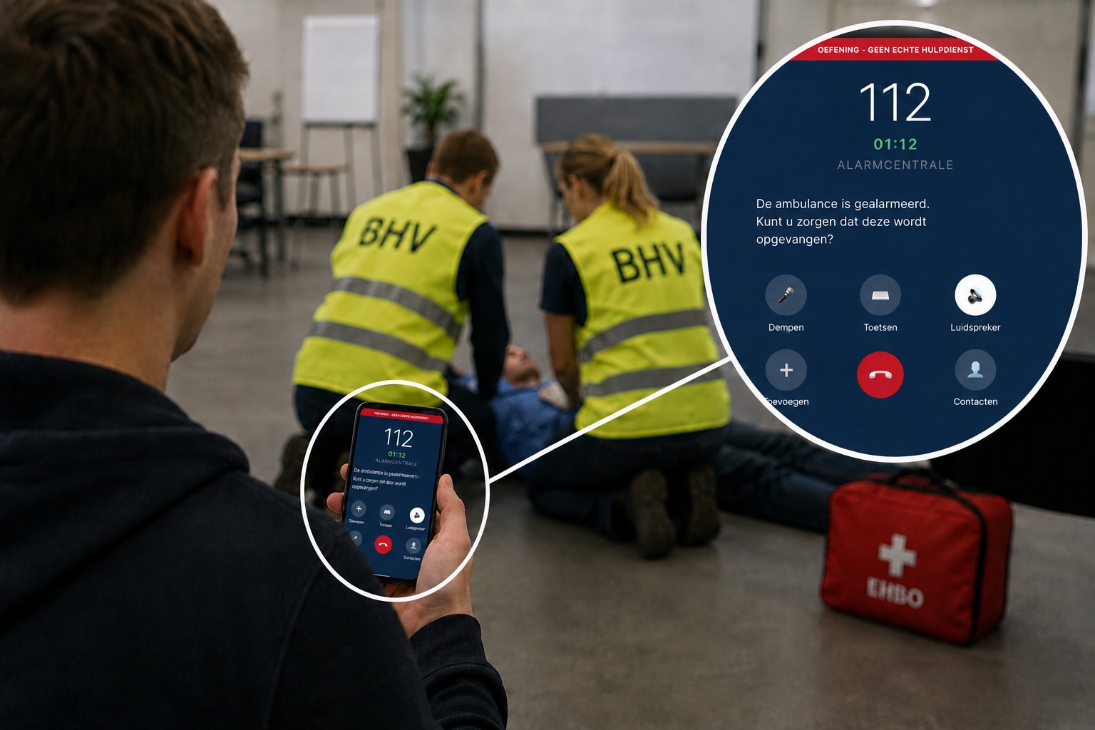 BHV'er belt met 112Trainer op zijn telefoon terwijl twee collega's in BHV-hesje binnen een slachtoffer op de vloer helpen