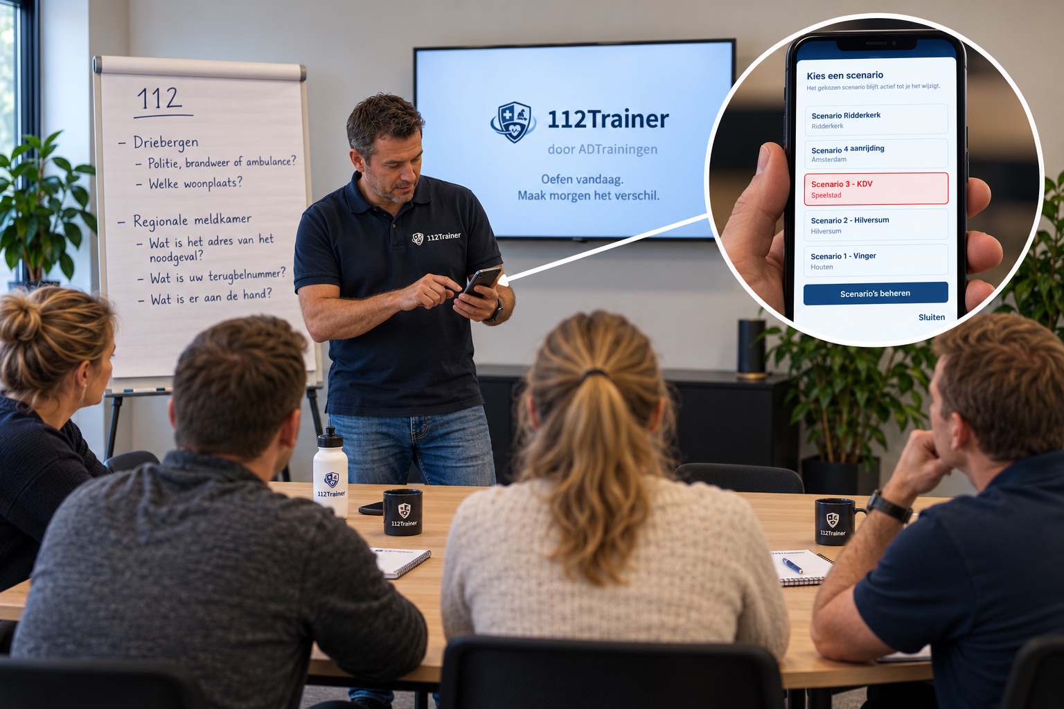 Instructeur laat een groep cursisten meeluisteren met een 112-oefengesprek, met het scenario zichtbaar op het telefoonscherm.