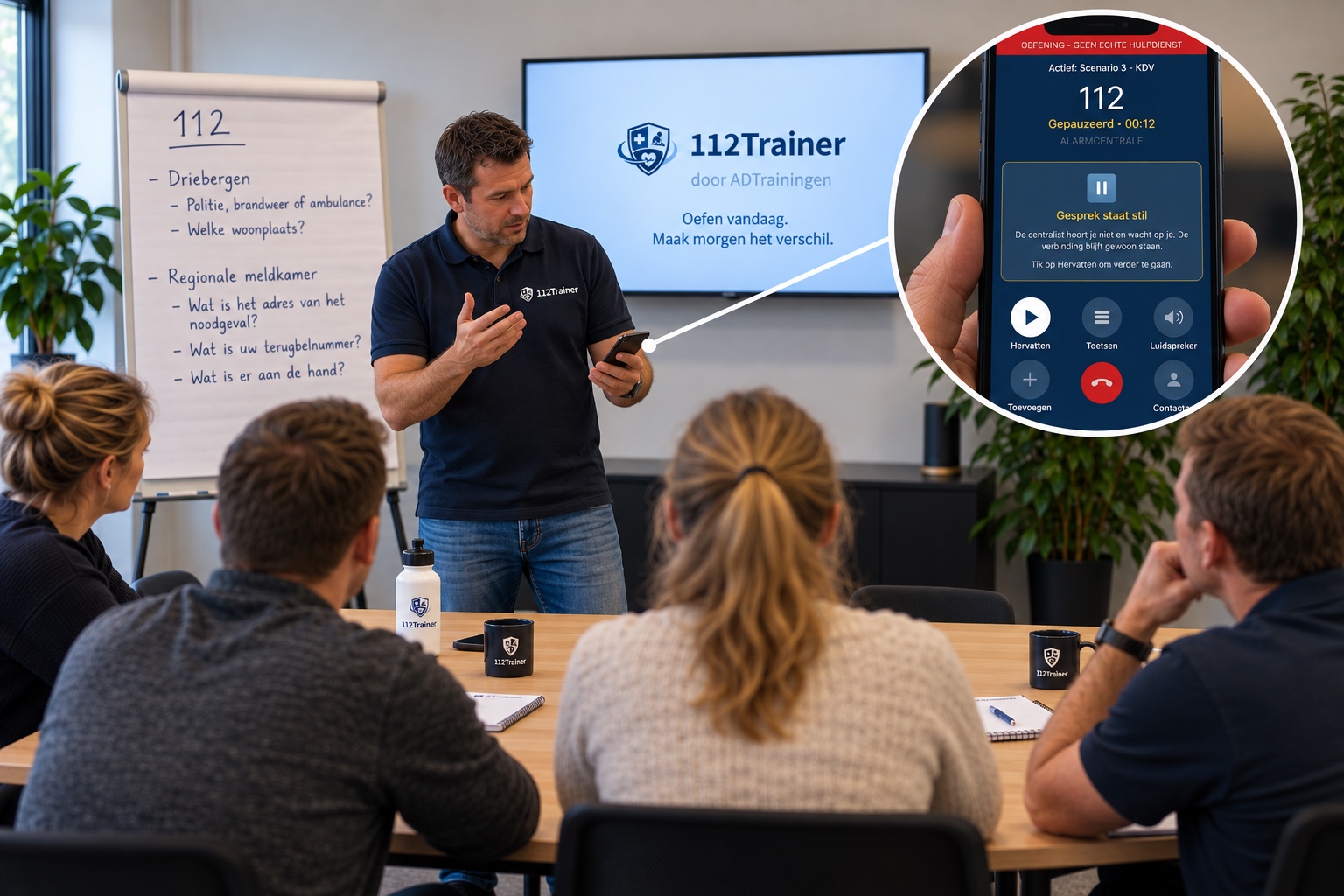 Telefoonscherm van 112Trainer met het gesprek op pauze, terwijl de instructeur iets uitlegt aan de groep.