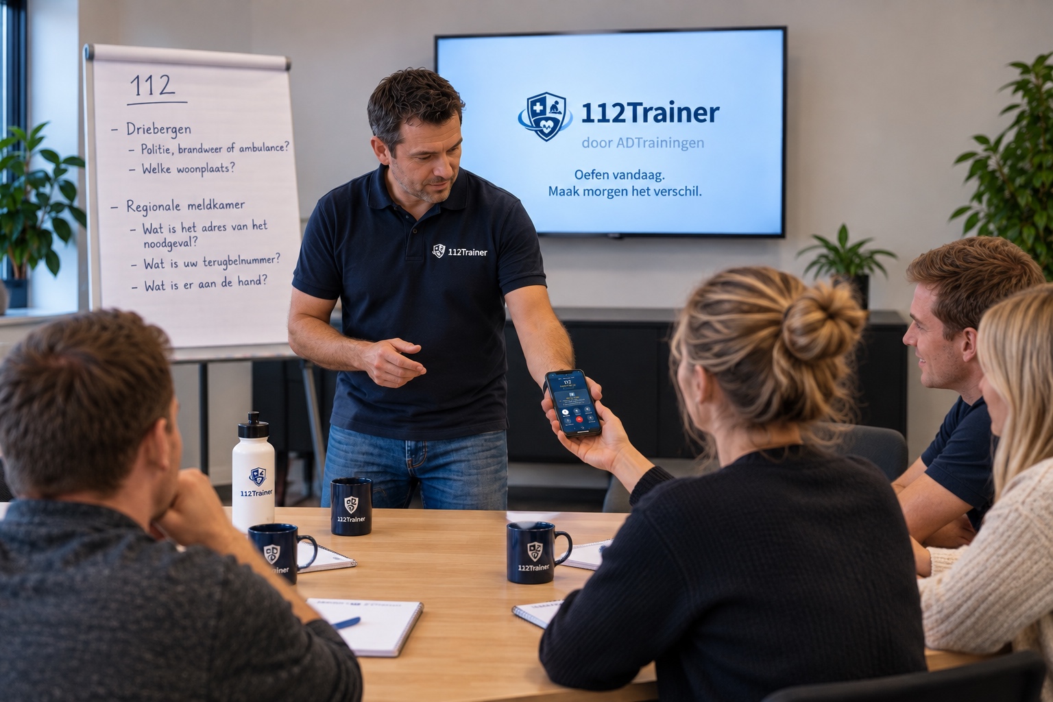 Instructeur geeft tijdens een les zijn telefoon met 112Trainer door aan een cursist, terwijl de rest van de groep meekijkt.