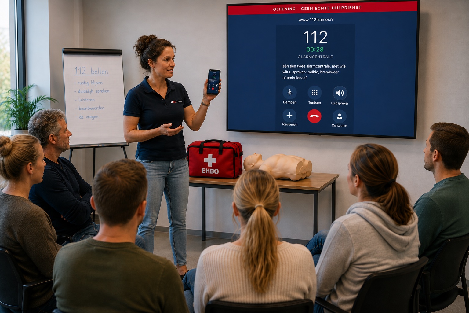 Instructeur laat een lopend 112-oefengesprek op haar telefoon zien aan een groep cursisten, met het belscherm groot geprojecteerd op het scherm achter haar